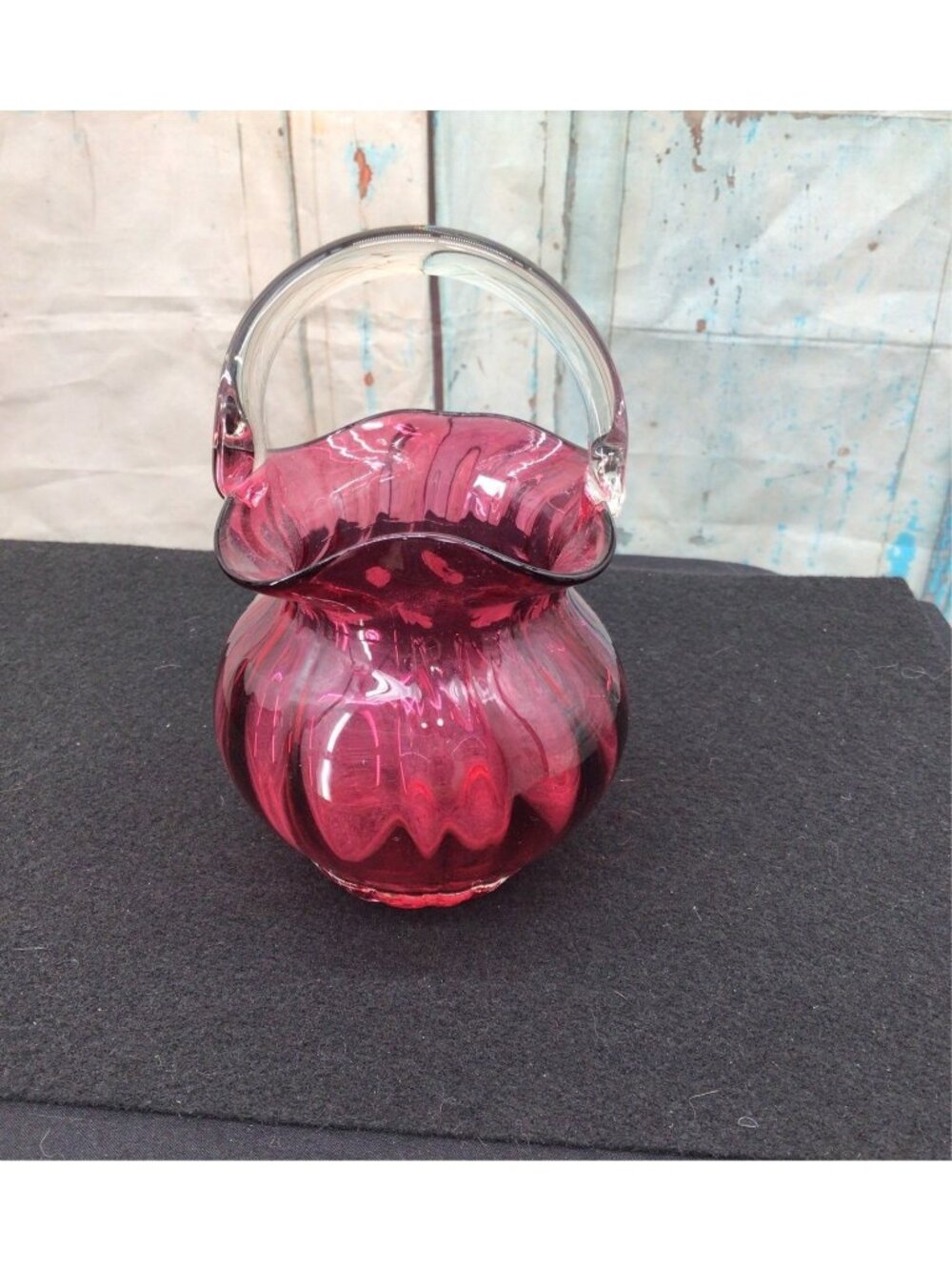 Vintage Cranberry Glass Basket With Clear Handle - Handblown Decorative Vase